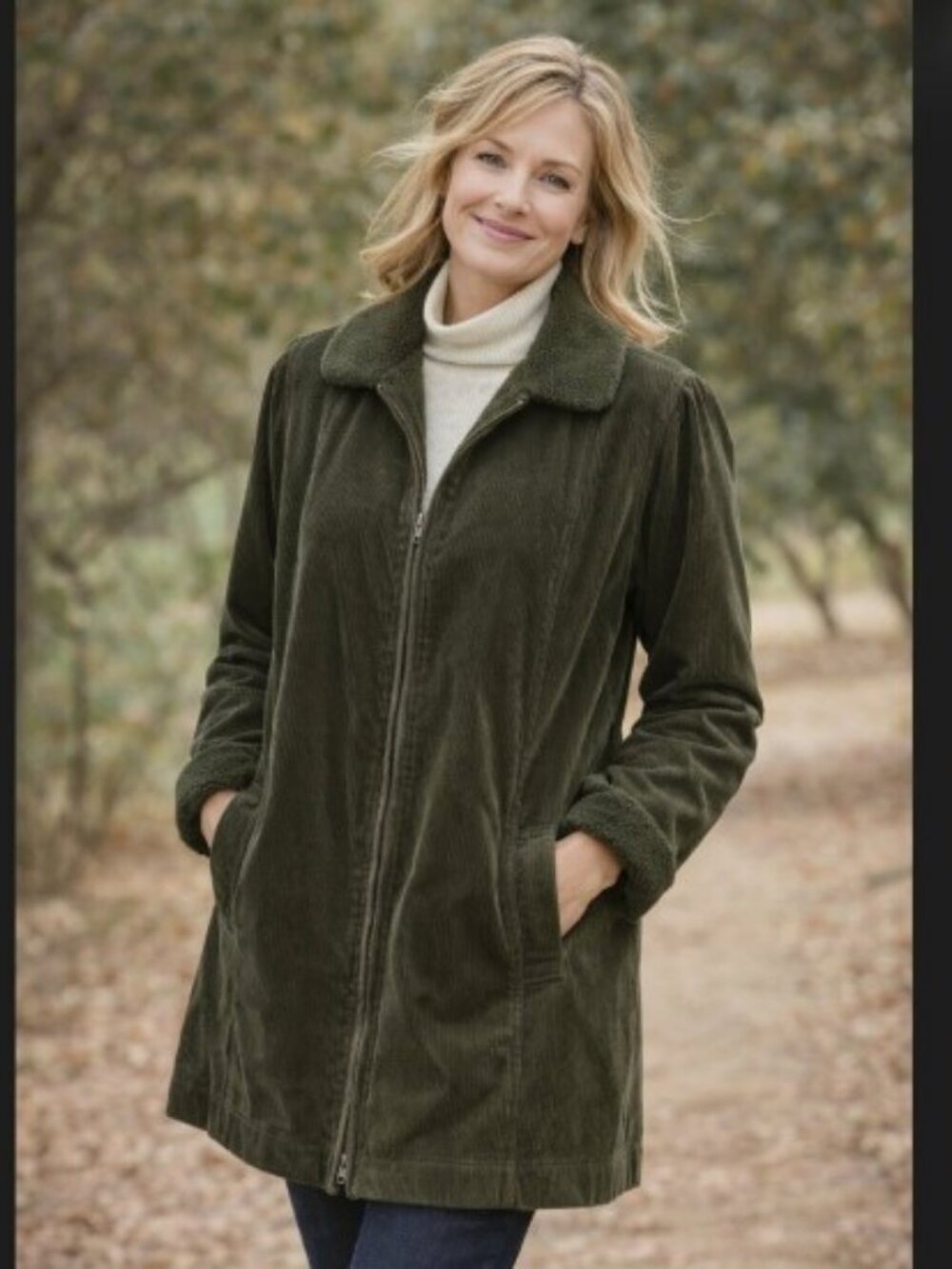 J.Jill Green Heritage Olive Green Corduroy Zip Down Sherpa Collar Jacket  Sz S